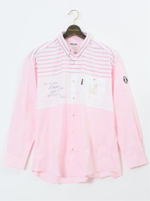 【大きいサイズ】シナコバ/SINA COVA 綿切り替えボーダー ボタンダウン長袖シャツ