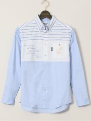 【大きいサイズ】シナコバ/SINA COVA 綿切り替えボーダー ボタンダウン長袖シャツ