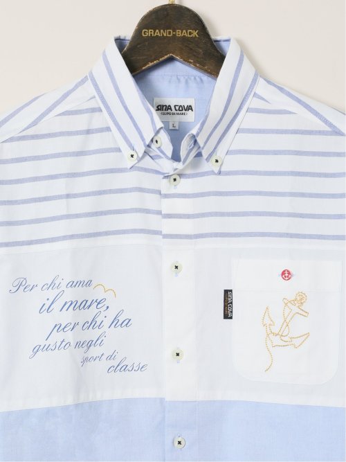 【大きいサイズ】シナコバ/SINA COVA 綿切り替えボーダー ボタンダウン長袖シャツ