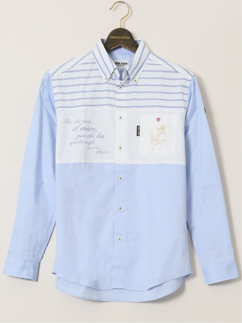 【大きいサイズ】シナコバ/SINA COVA 綿切り替えボーダー ボタンダウン長袖シャツ