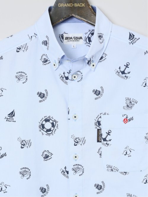 【大きいサイズ】シナコバ/SINA COVA 綿オックス 総柄プリント ボタンダウン長袖シャツ