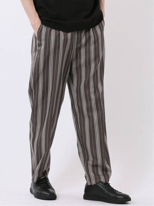 リネン混 先染め ストライプ柄 ややゆったり ワイド アンクル イージー パンツ メンズ