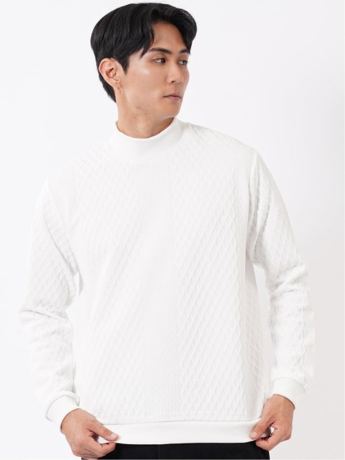 Tシャツ メンズ 長袖 ストレッチ モックネック ケーブル ジャガード