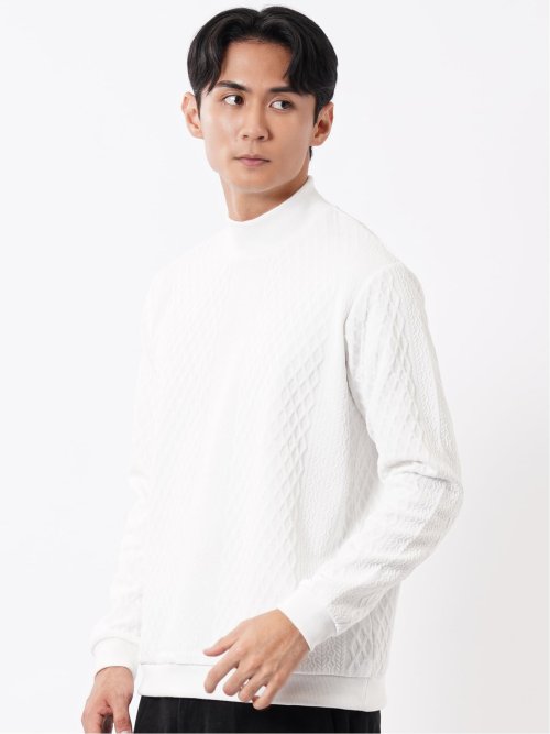 Tシャツ メンズ 長袖 ストレッチ モックネック ケーブル ジャガード
