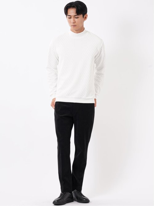 Tシャツ メンズ 長袖 ストレッチ モックネック ケーブル ジャガード(M
