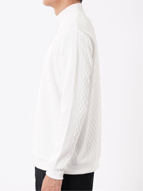 Tシャツ メンズ 長袖 ストレッチ モックネック ケーブル ジャガード