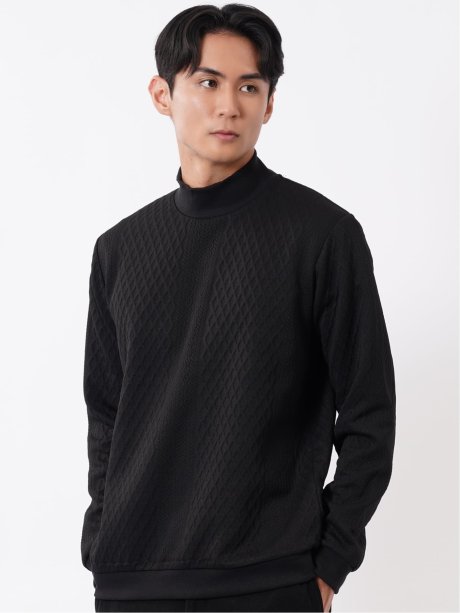 Tシャツ メンズ 長袖 ストレッチ モックネック ケーブル ジャガード
