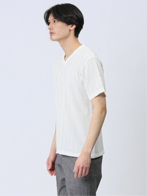 タックストライプ フェイクVネック半袖Tシャツ