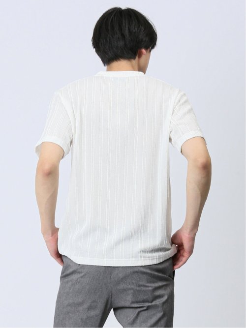 タックストライプ フェイクVネック半袖Tシャツ