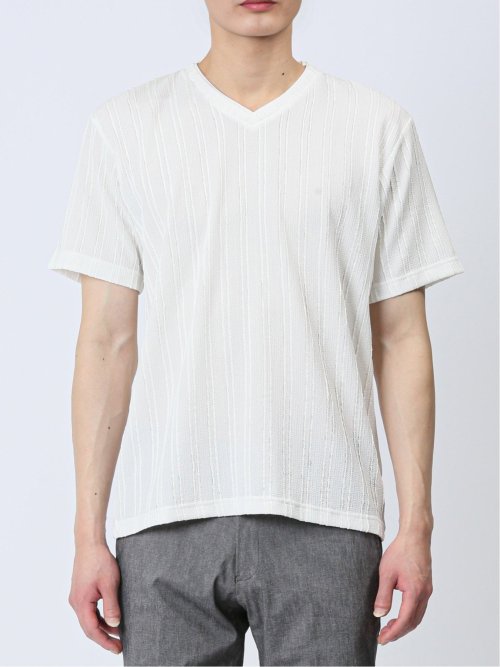 タックストライプ フェイクVネック半袖Tシャツ