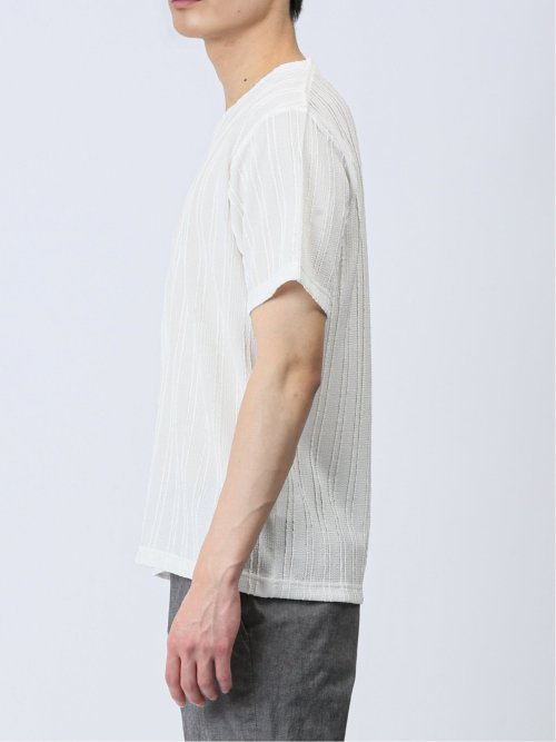 タックストライプ フェイクVネック半袖Tシャツ