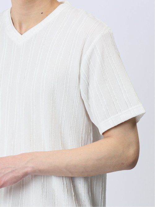 タックストライプ フェイクVネック半袖Tシャツ