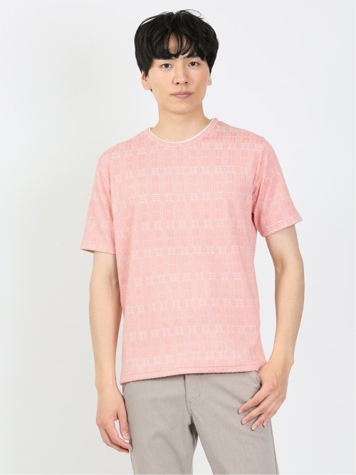 ふくれチェック クルーネック半袖Tシャツ(M 12ピンク): トップス