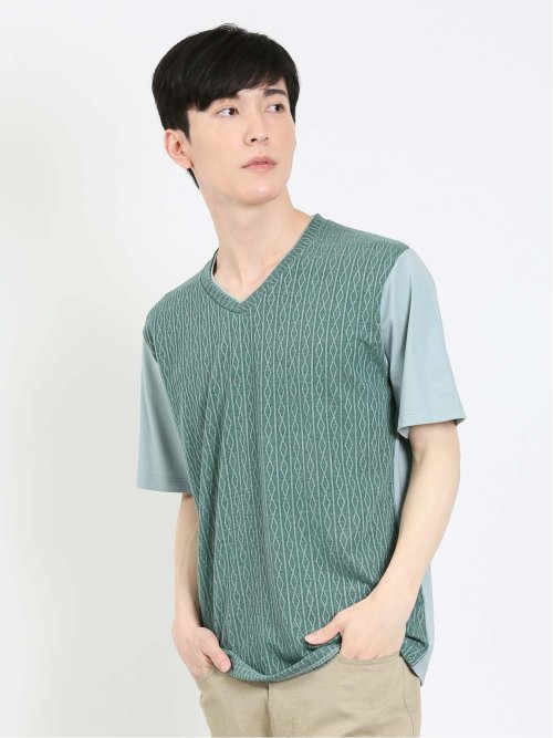 ケーブル切替 Vネック半袖Tシャツ