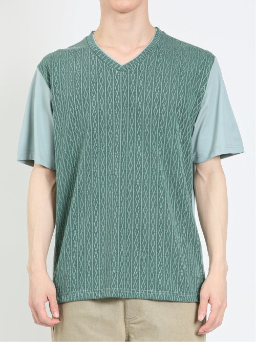 ケーブル切替 Vネック半袖Tシャツ