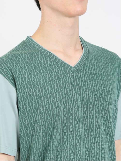 ケーブル切替 Vネック半袖Tシャツ