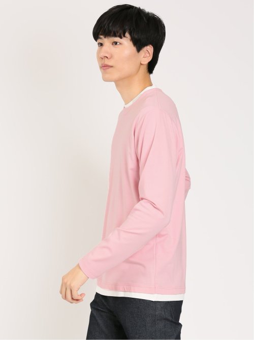 レーヨンナイロン フェイクレイヤード クルーネック長袖Tシャツ