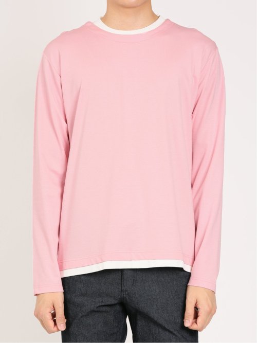 レーヨンナイロン フェイクレイヤード クルーネック長袖Tシャツ