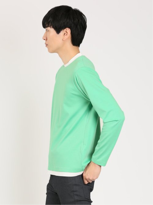 レーヨンナイロン フェイクレイヤード クルーネック長袖Tシャツ