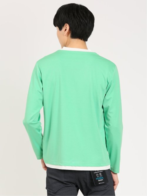 レーヨンナイロン フェイクレイヤード クルーネック長袖Tシャツ