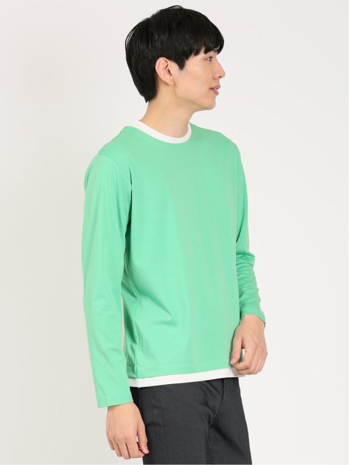 レーヨンナイロン フェイクレイヤード クルーネック長袖Tシャツ