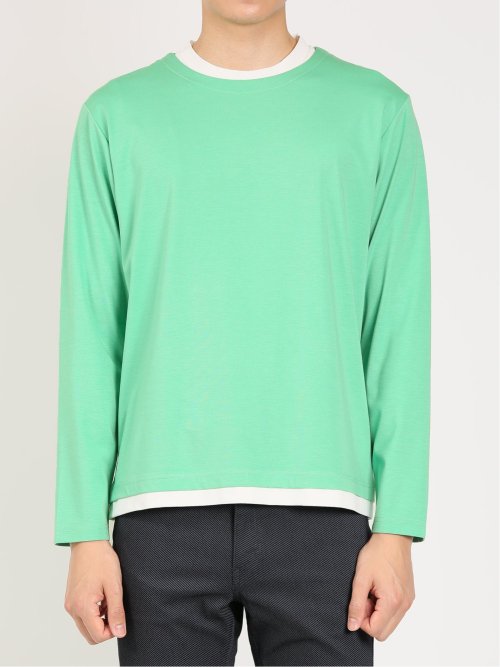 レーヨンナイロン フェイクレイヤード クルーネック長袖Tシャツ