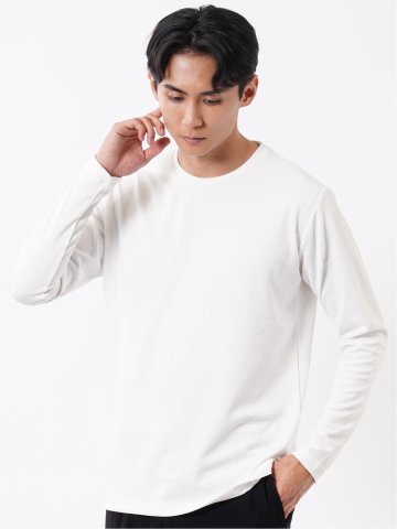 Tシャツ メンズ 長袖 ストレッチ クルーネック ワッフル ジャガード