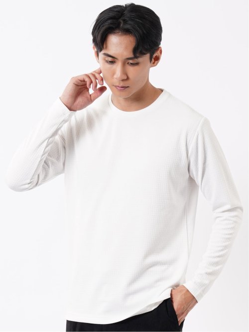 Tシャツ メンズ 長袖 ストレッチ クルーネック ワッフル ジャガード