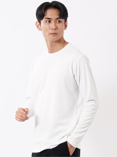 Tシャツ メンズ 長袖 ストレッチ クルーネック ワッフル ジャガード