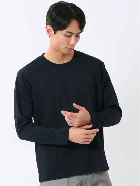 Tシャツ メンズ 長袖 ストレッチ クルーネック ワッフル ジャガード