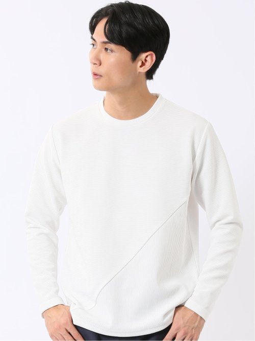 Tシャツ メンズ 長袖 ストレッチ クルーネック リップル ジャガード 切替