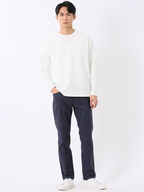 Tシャツ メンズ 長袖 ストレッチ クルーネック リップル ジャガード 切替