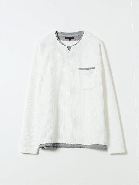 Tシャツ メンズ 長袖 ストレッチ キーネック フェイクレイヤード リンクス ジャガード