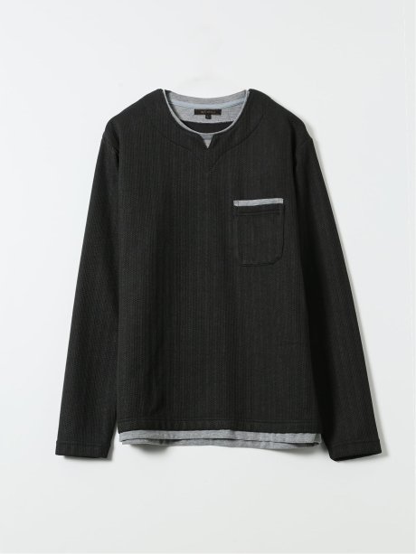 Tシャツ メンズ 長袖 ストレッチ キーネック フェイクレイヤード リンクス ジャガード
