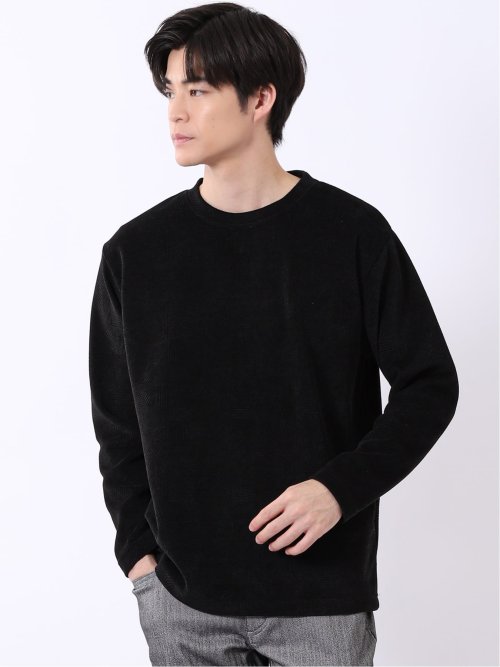 Tシャツ メンズ 長袖 ストレッチ クルーネック 幾何学 ジャガード カットモール