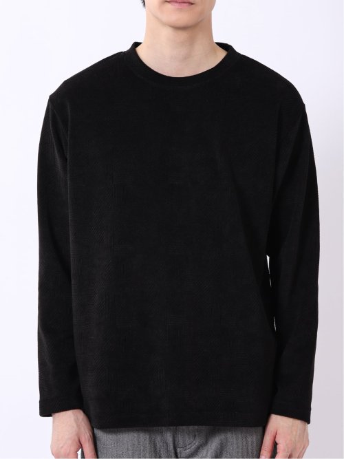 Tシャツ メンズ 長袖 ストレッチ クルーネック 幾何学 ジャガード カットモール