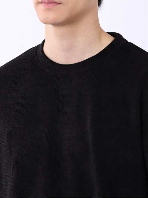 Tシャツ メンズ 長袖 ストレッチ クルーネック 幾何学 ジャガード カットモール