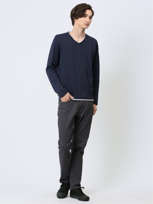 ヘリンボンジャガード フェイクVネック長袖Tシャツ