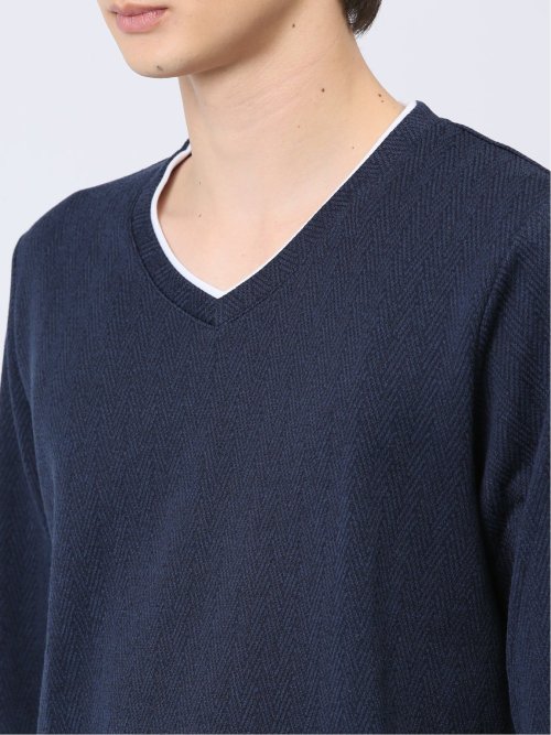 ヘリンボンジャガード フェイクVネック長袖Tシャツ