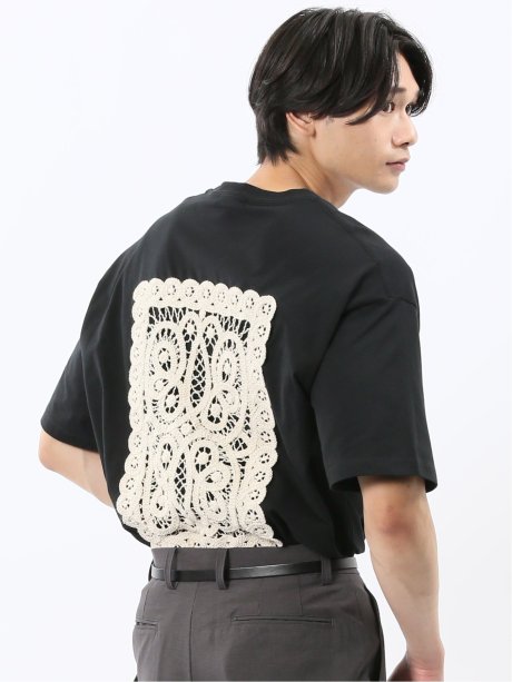 綿天竺 レース刺繍 クルーネック半袖Tシャツ