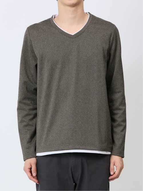 マイクロヘリンボンジャガード Vネック長袖Tシャツ