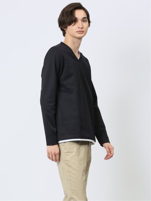 マイクロヘリンボンジャガード Vネック長袖Tシャツ