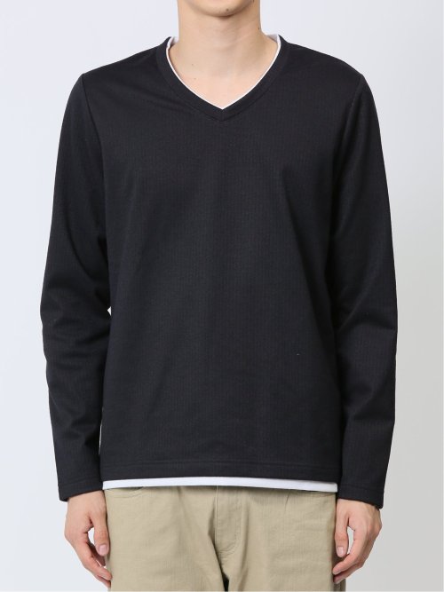 マイクロヘリンボンジャガード Vネック長袖Tシャツ
