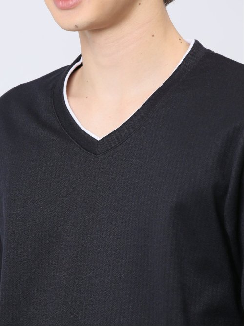 マイクロヘリンボンジャガード Vネック長袖Tシャツ