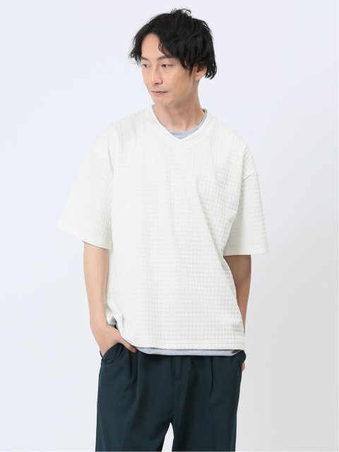 千鳥ジャガード フェイクVネック半袖Tシャツ