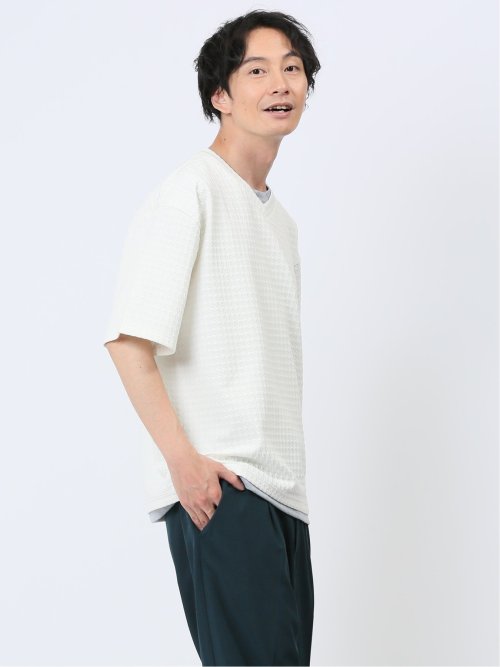 千鳥ジャガード フェイクVネック半袖Tシャツ