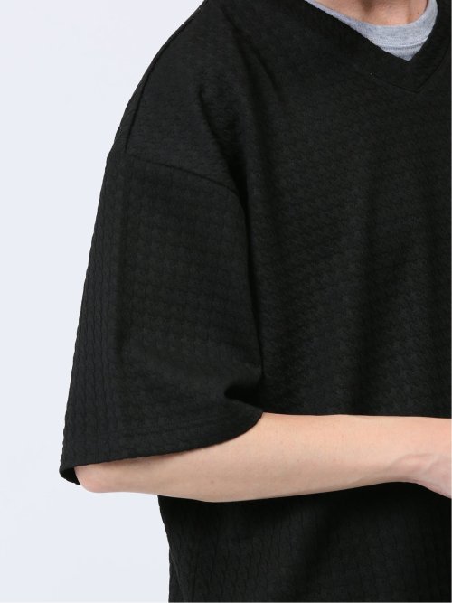 千鳥ジャガード フェイクVネック半袖Tシャツ