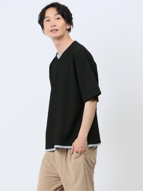 千鳥ジャガード フェイクVネック半袖Tシャツ