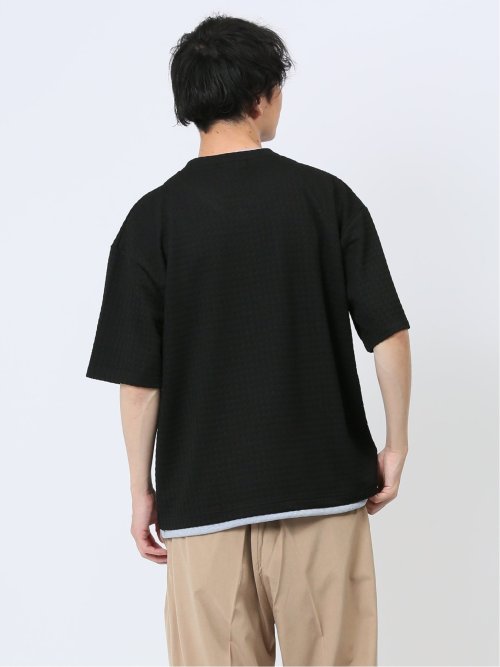 千鳥ジャガード フェイクVネック半袖Tシャツ