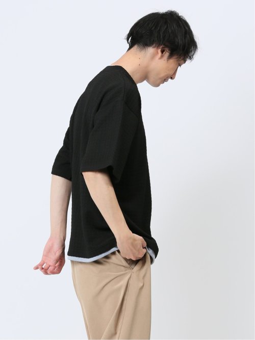 千鳥ジャガード フェイクVネック半袖Tシャツ